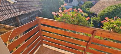 View from the terrace, framed by blooming geraniums