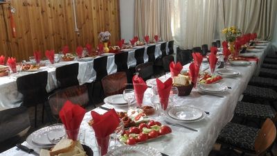 The dining room, set for a festive dinner