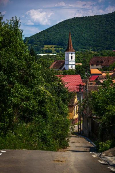 A lane in Sibiel, with the Holy Trinity Church tower seen through the treetops